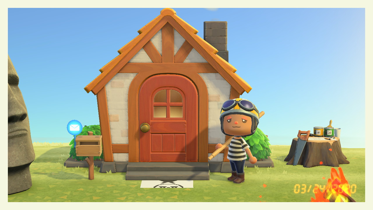 animal crossing avatar in front of home