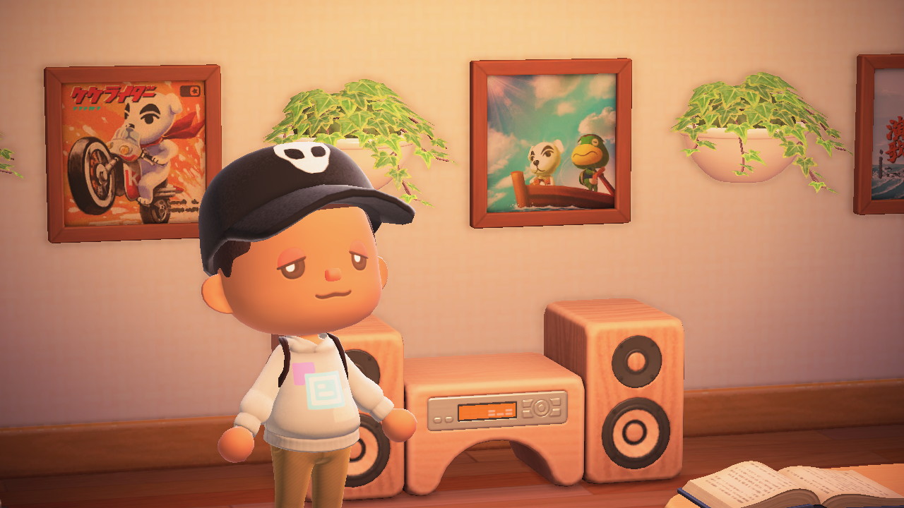 animal crossing avatar in home in front of record player