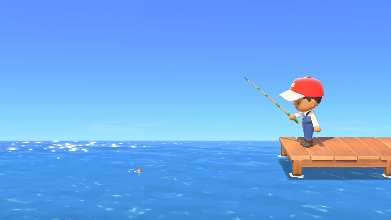 animal crossing avatar fishing off a dock