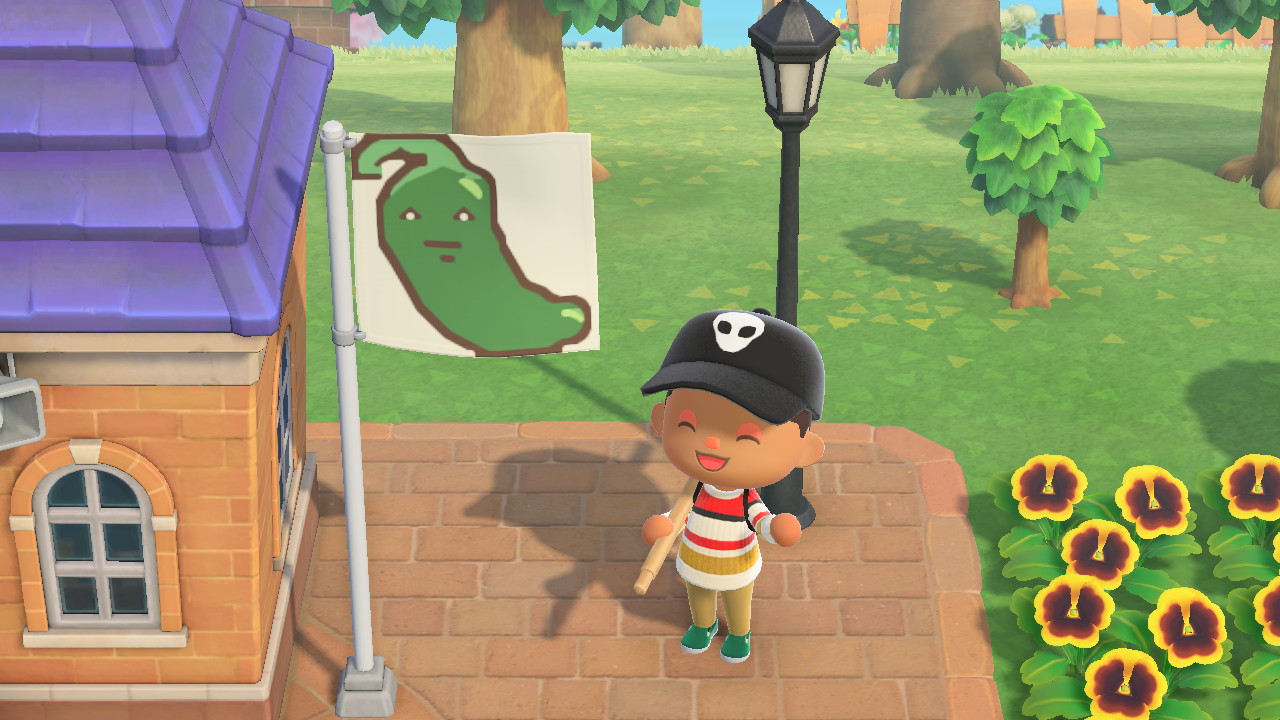 animal crossing avatar celebrating new town flag