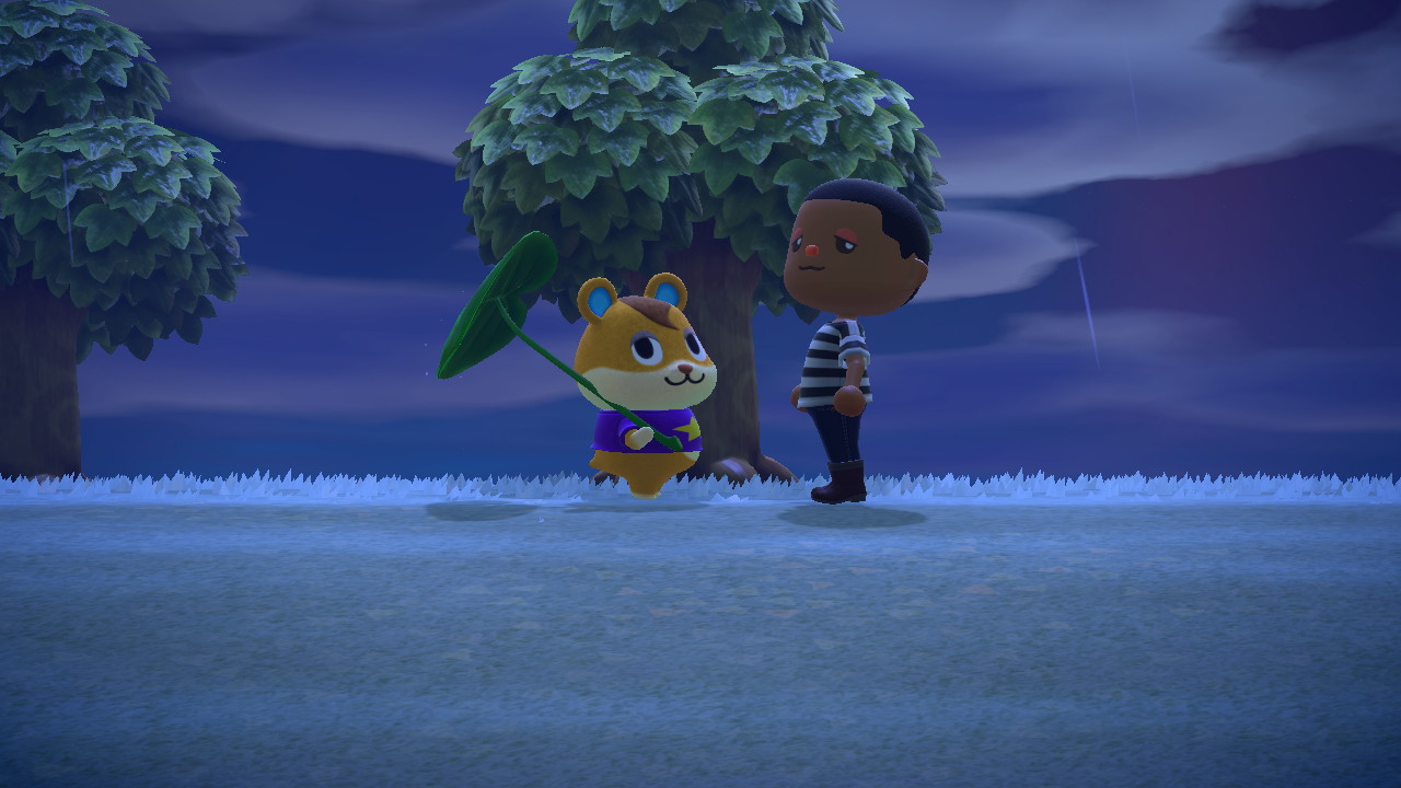 animal crossing avatar standing with hamster villager