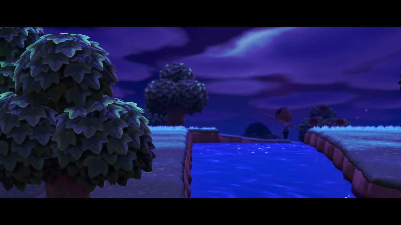 animal crossing avatar out for a nighttime walk