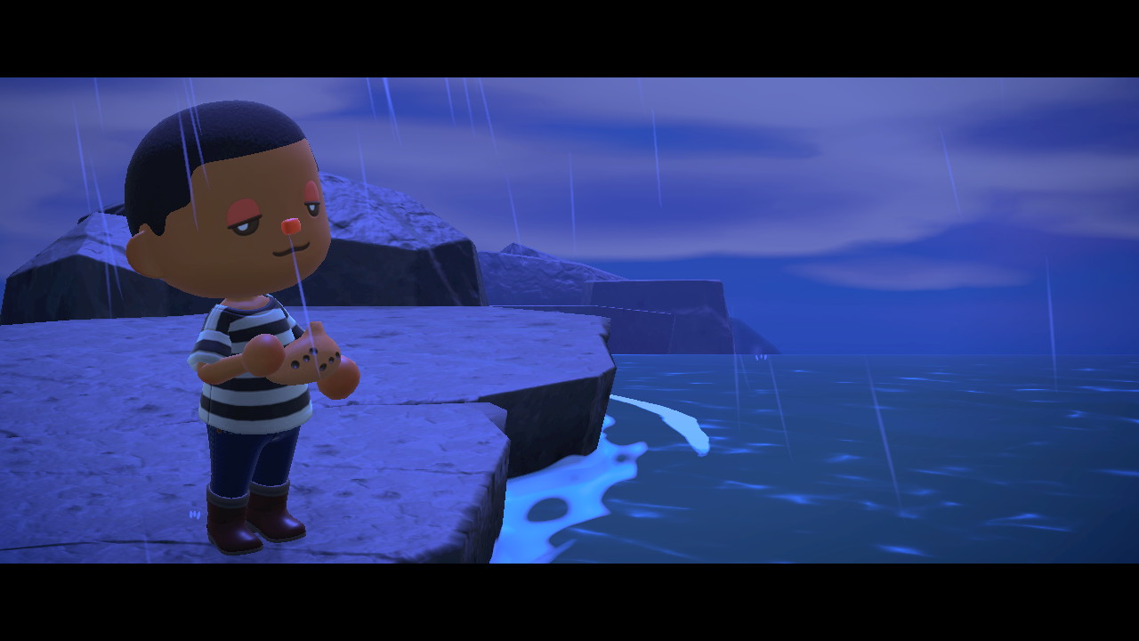 animal crossing avatar enjoying the rainy weather