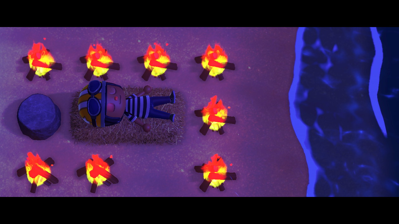 animal crossing avatar resting surrounded by bonfires